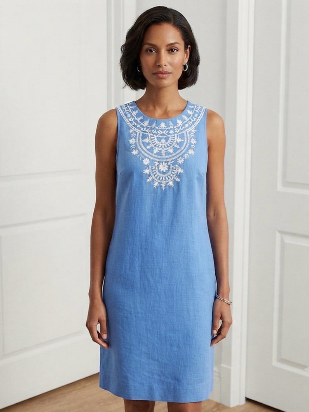 Talbots Light Blue Sleeveless Embroidered Shift Dress